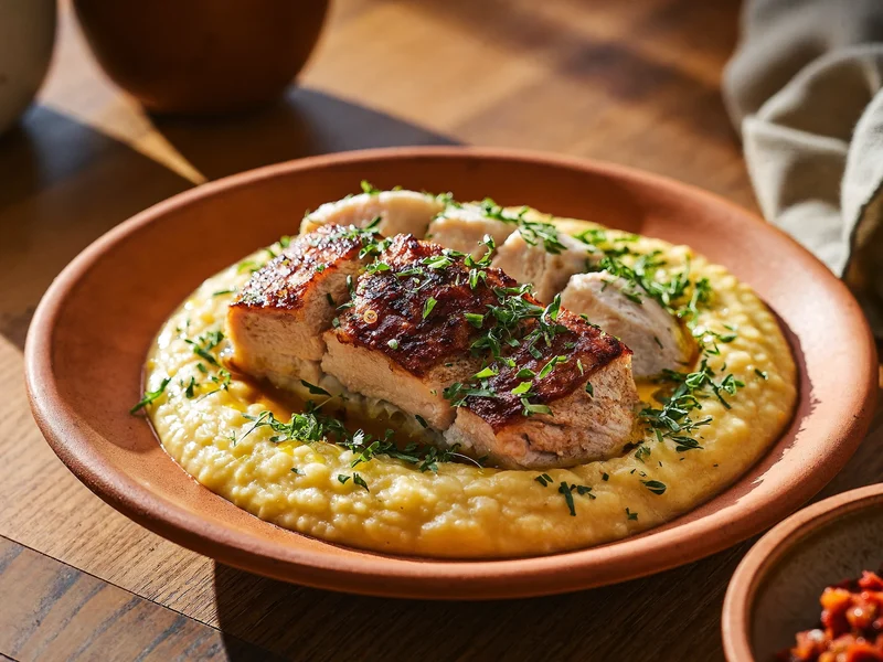 Polenta cremosa con pollo stufato ed erbe in un tegame di terracotta