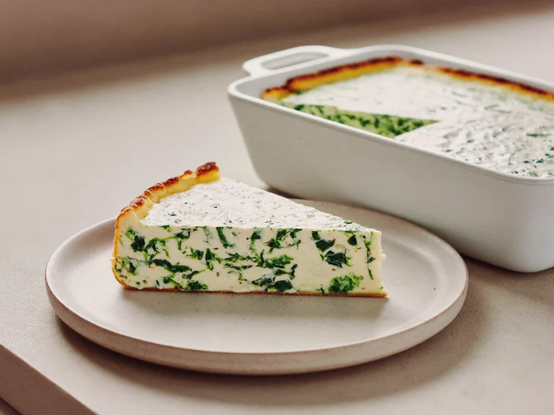 Fetta di sformato di ricotta e spinaci su un piatto di gres